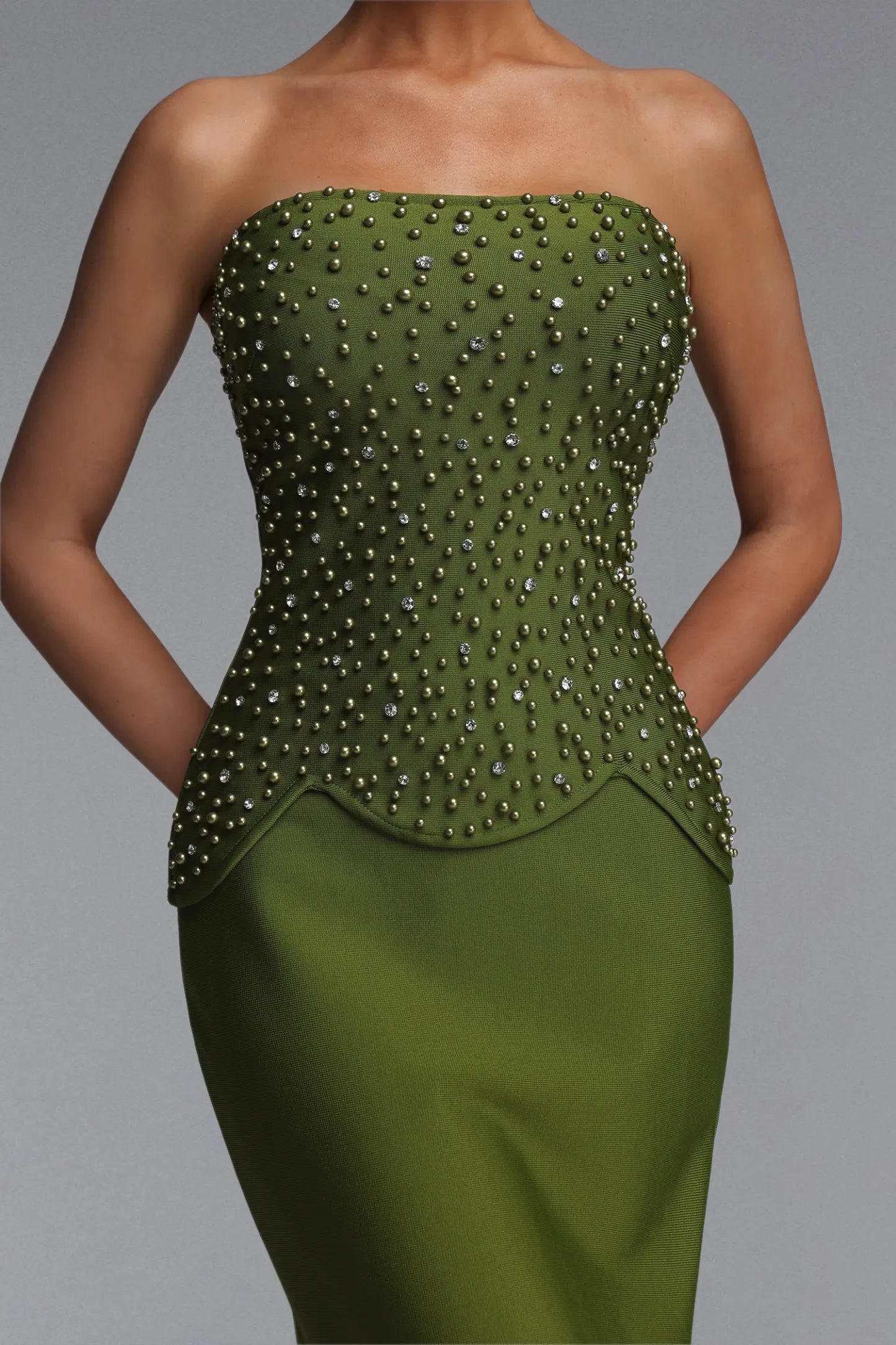 Elegant Stud-Embellished Strapless Corset Gown in Olive