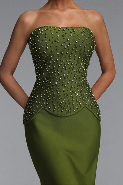 Elegant Stud-Embellished Strapless Corset Gown in Olive