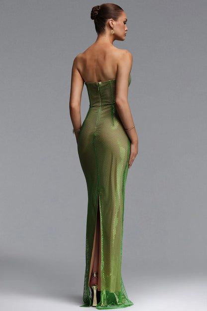 Strapless Green Crystal Mesh Corset Evening Gown