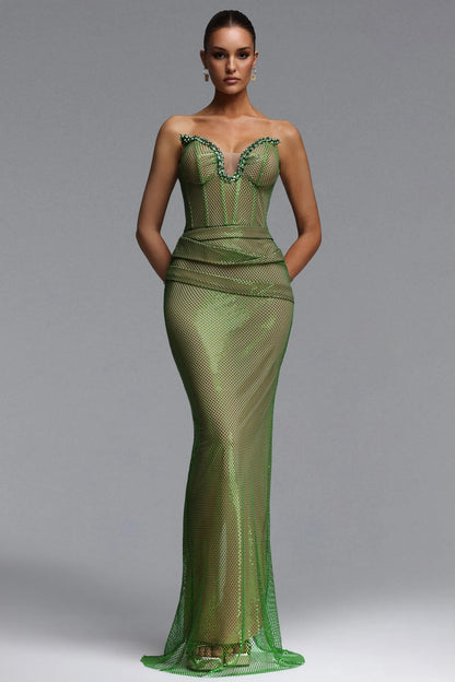 Strapless Green Crystal Mesh Corset Evening Gown