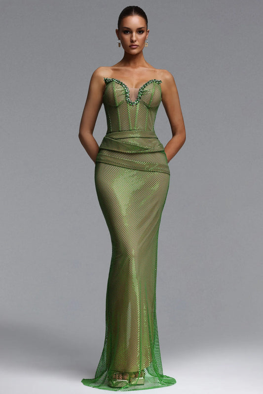 Strapless Green Crystal Mesh Corset Evening Gown