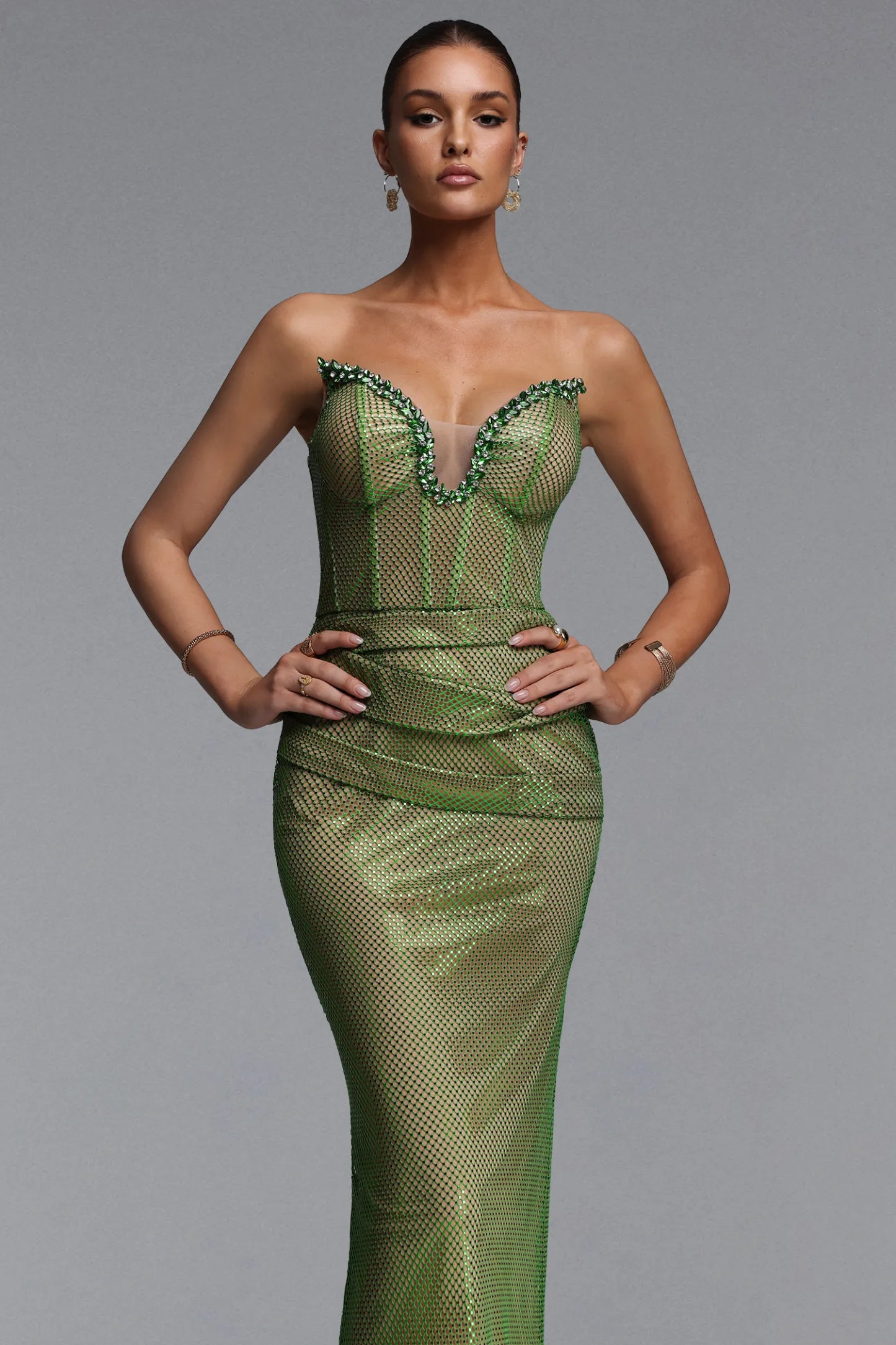 Strapless Green Crystal Mesh Corset Evening Gown