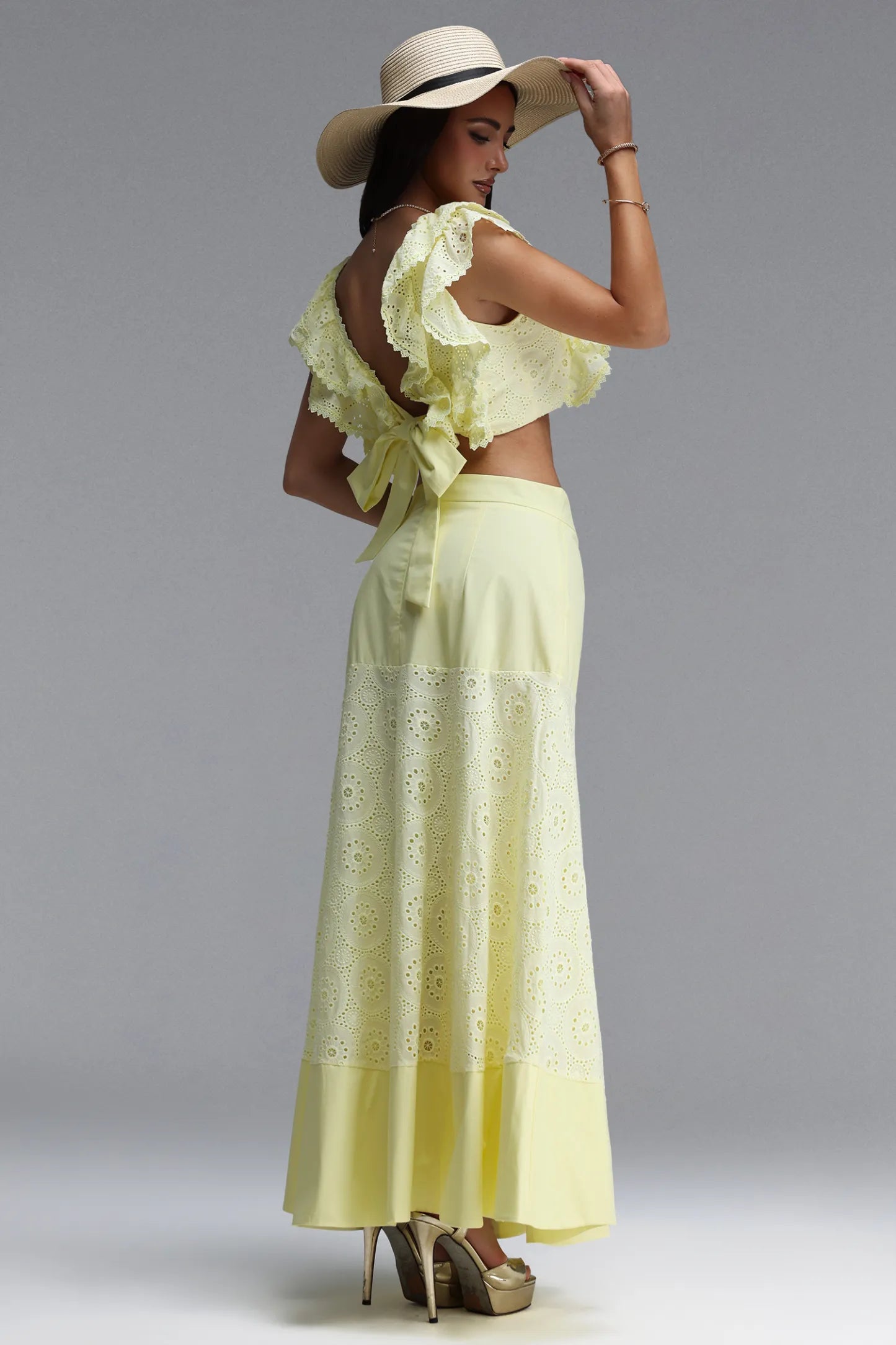 Sunny Eyelet Ruffle Crop Top & Maxi Skirt Two-Piece Set