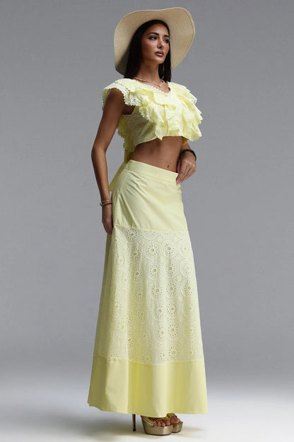 Sunny Eyelet Ruffle Crop Top & Maxi Skirt Two-Piece Set