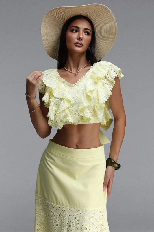 Sunny Eyelet Ruffle Crop Top & Maxi Skirt Two-Piece Set