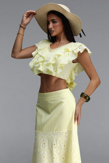Sunny Eyelet Ruffle Crop Top & Maxi Skirt Two-Piece Set