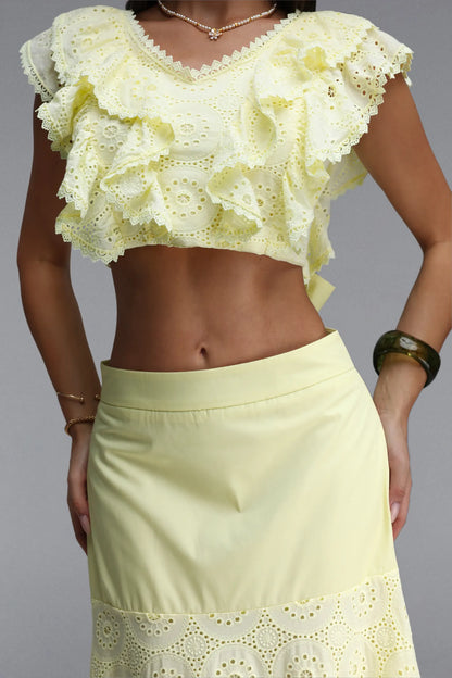 Sunny Eyelet Ruffle Crop Top & Maxi Skirt Two-Piece Set