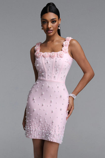 Blush Pearl Rosette Corset Mini Dress