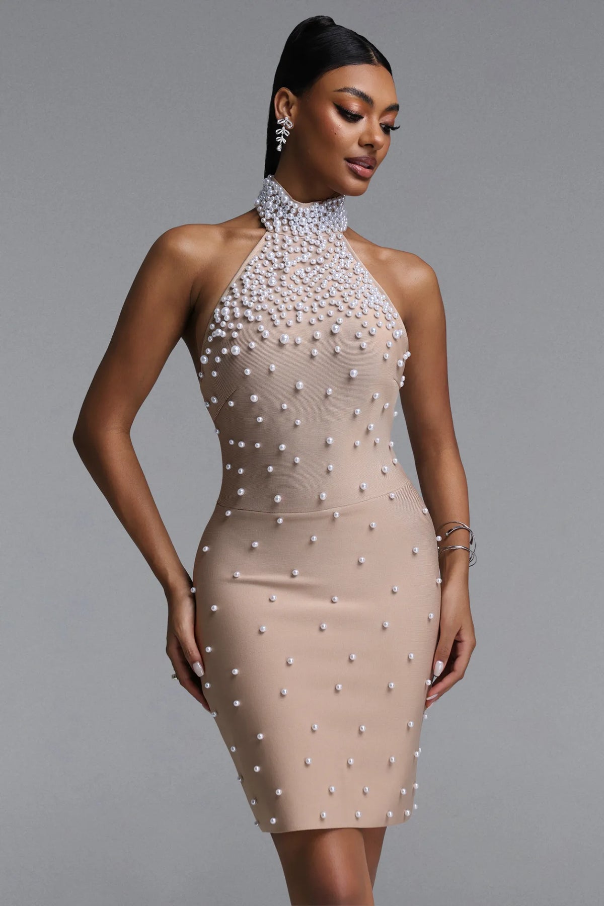 Champagne Pearl Cascade Halter Mini Dress