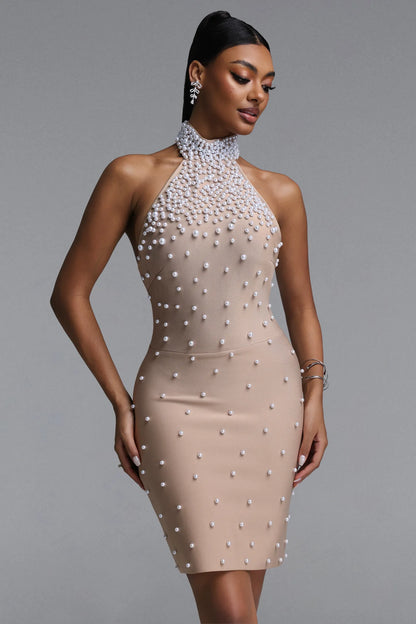 Champagne Pearl Cascade Halter Mini Dress