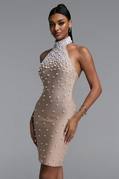 Champagne Pearl Cascade Halter Mini Dress