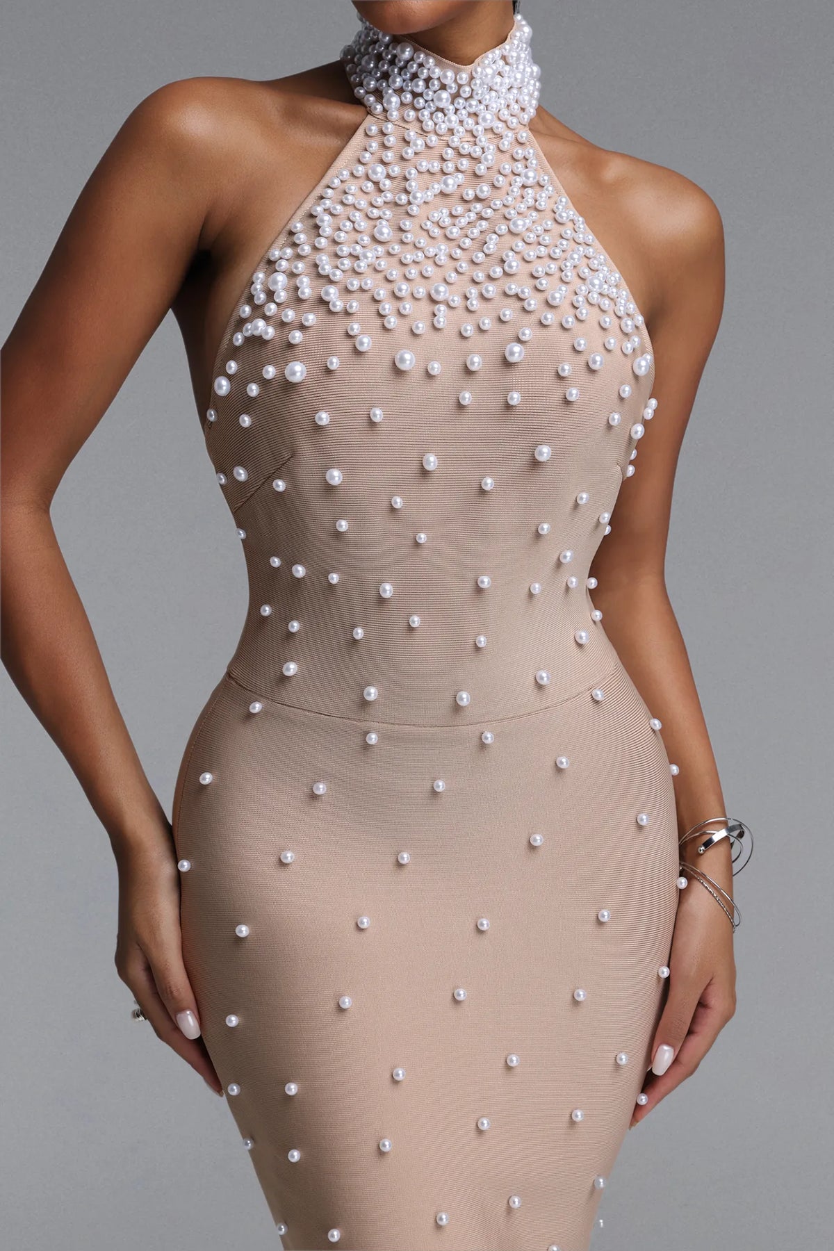 Champagne Pearl Cascade Halter Mini Dress