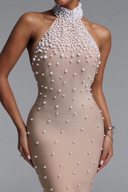 Champagne Pearl Cascade Halter Mini Dress