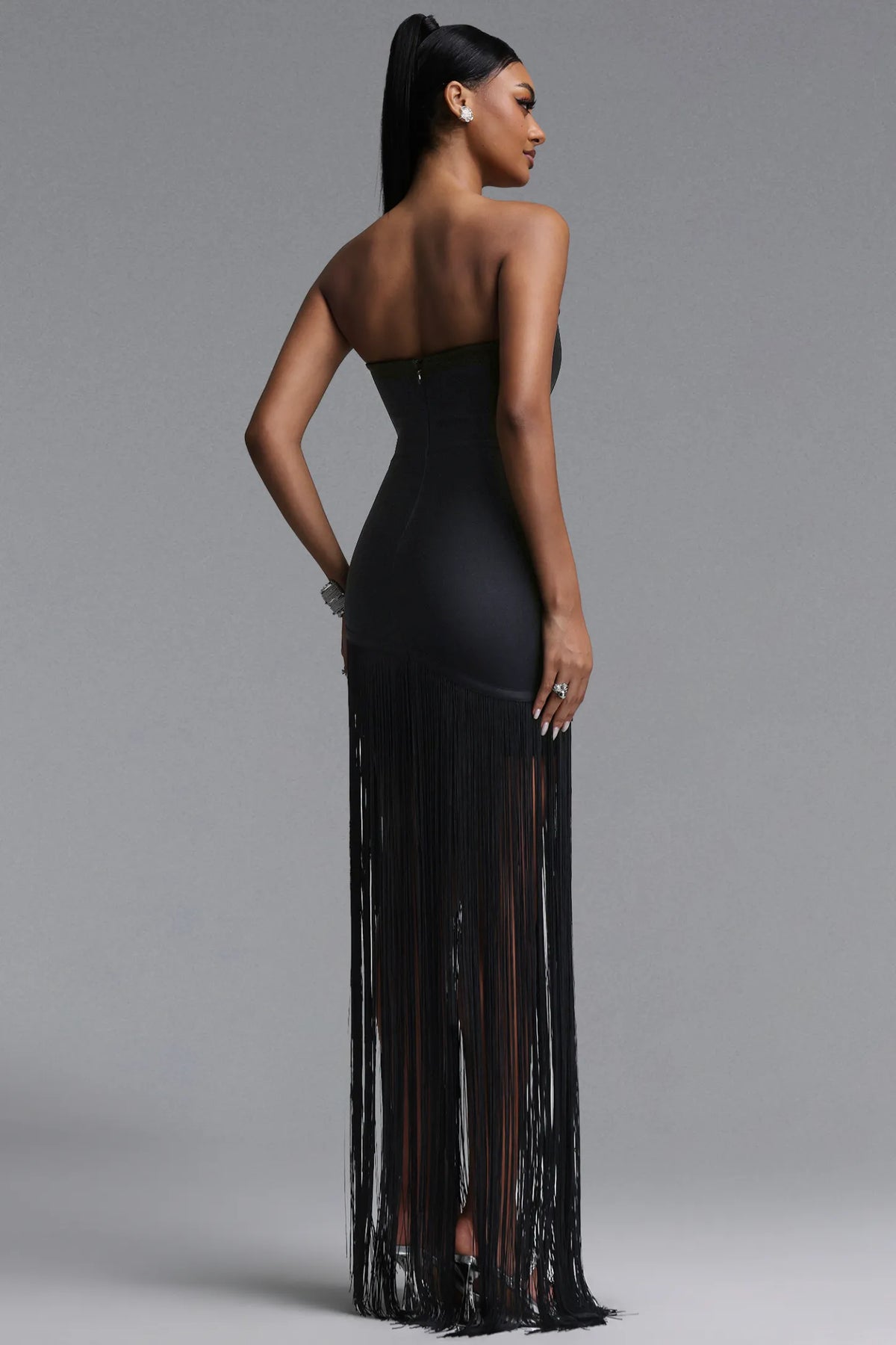 Strapless Black Corset Floral Fringe Evening Dress