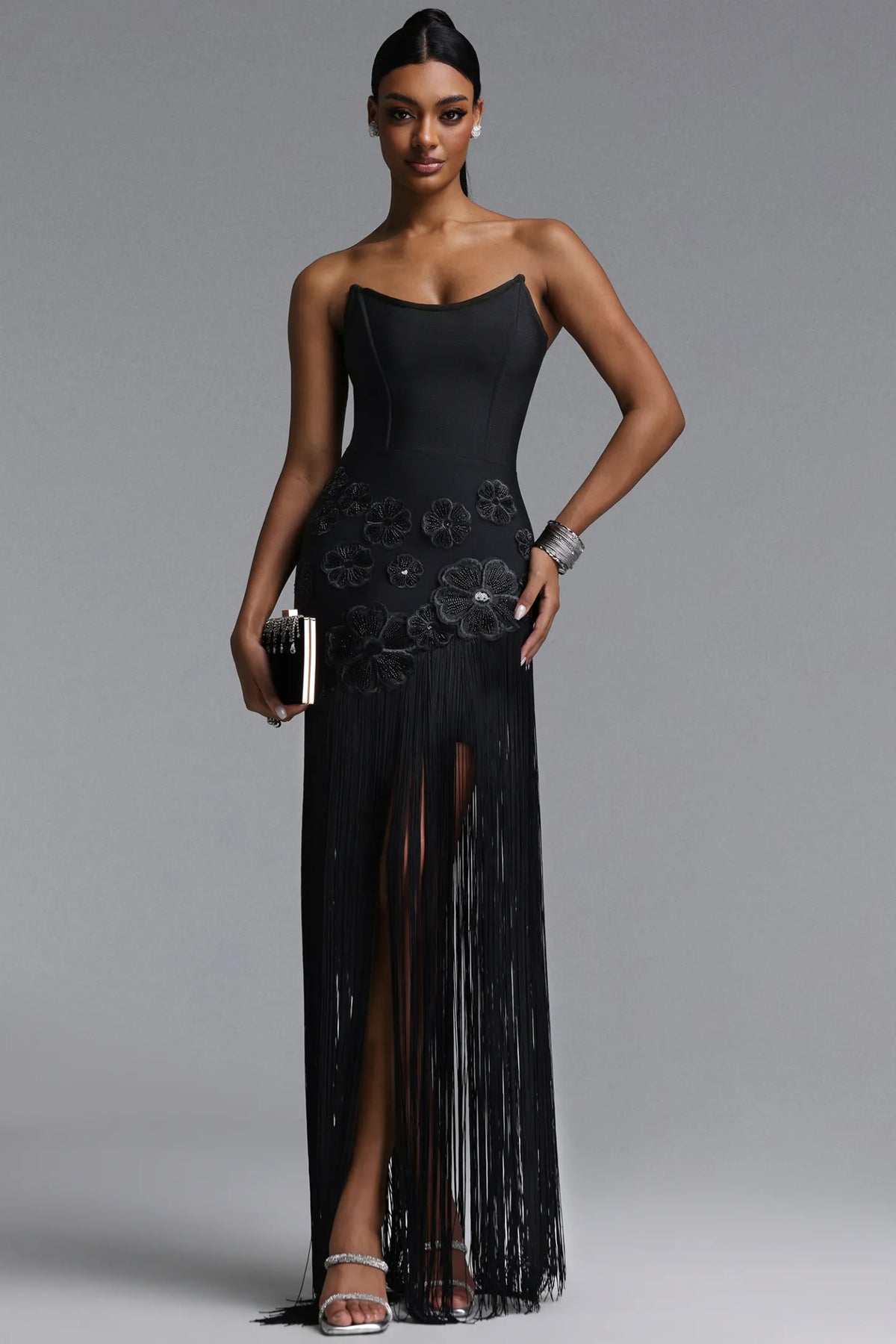 Strapless Black Corset Floral Fringe Evening Dress