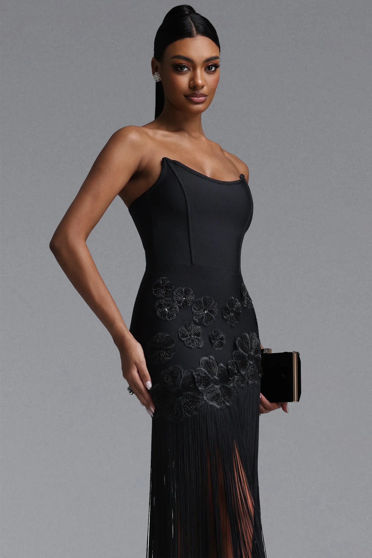 Strapless Black Corset Floral Fringe Evening Dress