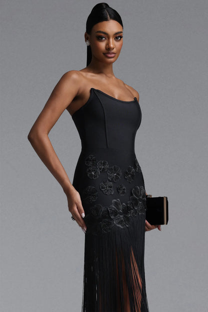 Strapless Black Corset Floral Fringe Evening Dress