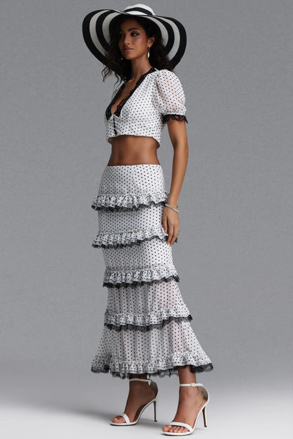 White and Black Polka Dot Lace-Trim Two-Piece Maxi Set