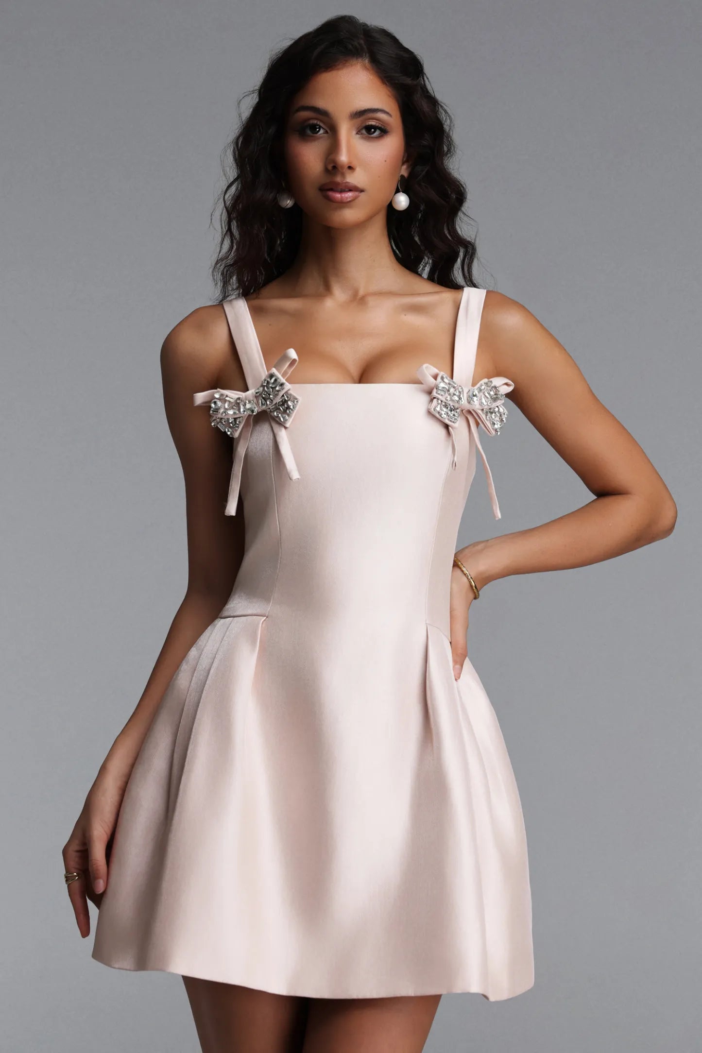 Blush Pink Square Neck Mini Dress with Crystal Bow Straps