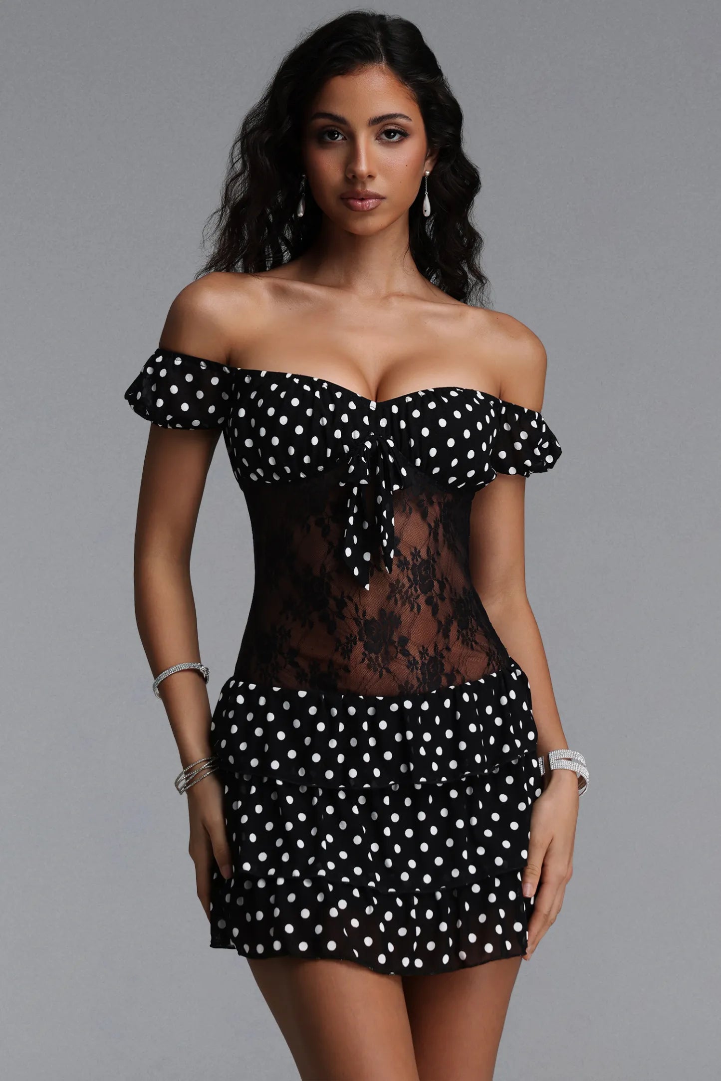 Off-the-Shoulder Polka Dot and Sheer Lace Ruffled Mini Dress