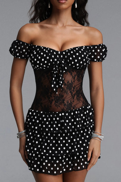 Off-the-Shoulder Polka Dot and Sheer Lace Ruffled Mini Dress