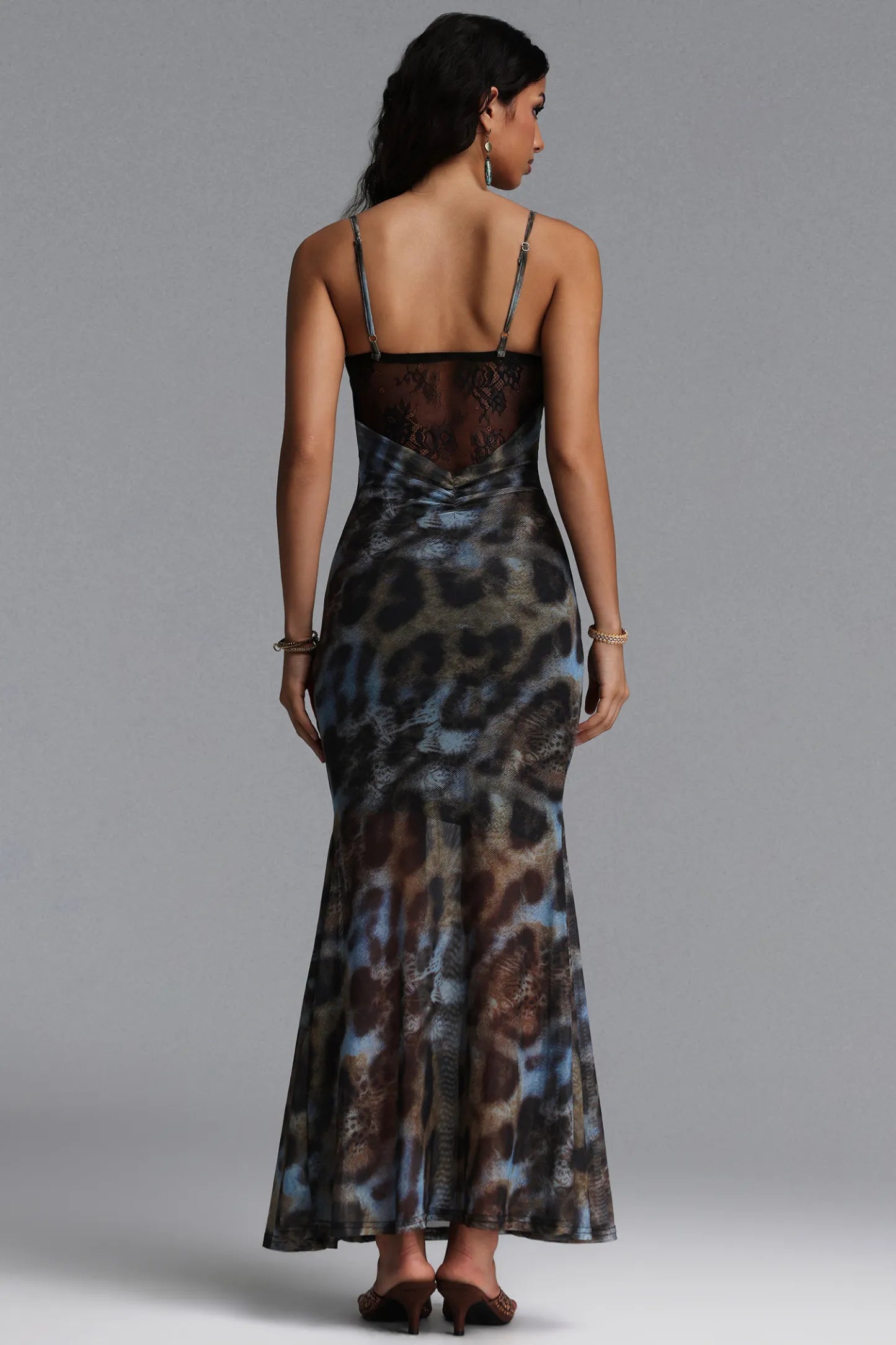 Abstract Animal Print Lace-Trim Corset Maxi Dress