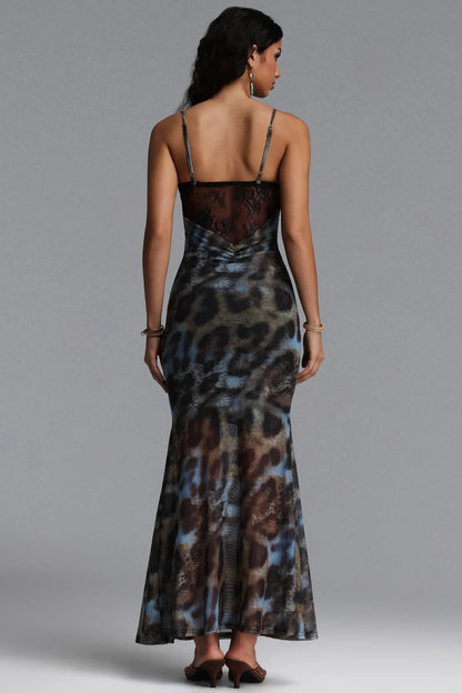 Abstract Animal Print Lace-Trim Corset Maxi Dress