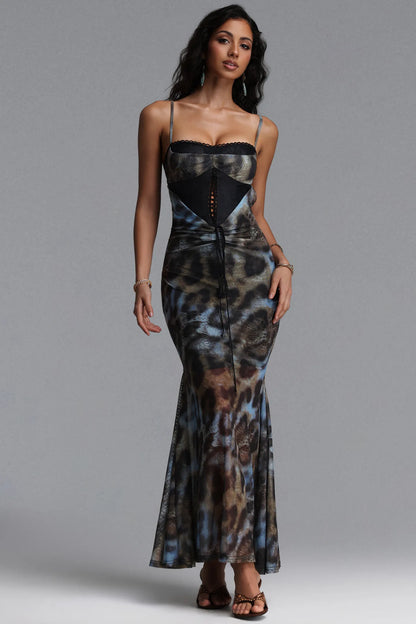 Abstract Animal Print Lace-Trim Corset Maxi Dress