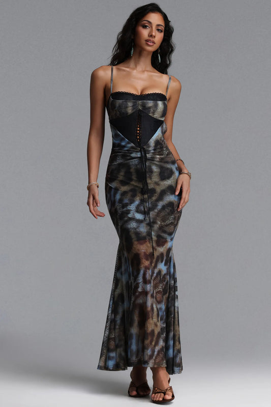 Abstract Animal Print Lace-Trim Corset Maxi Dress
