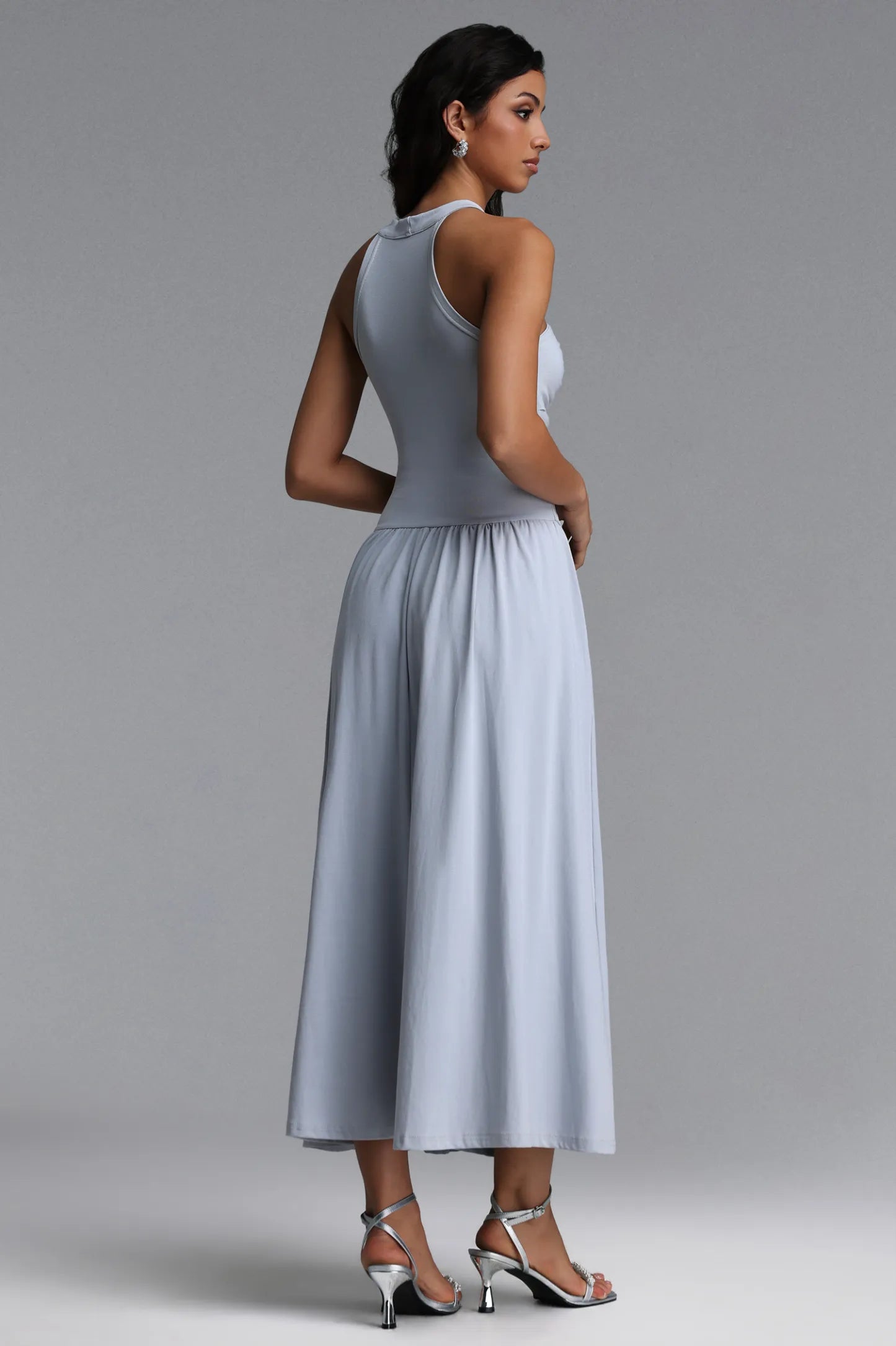 Ice Blue Crystal Embellished Halter Cutout Midi Dress