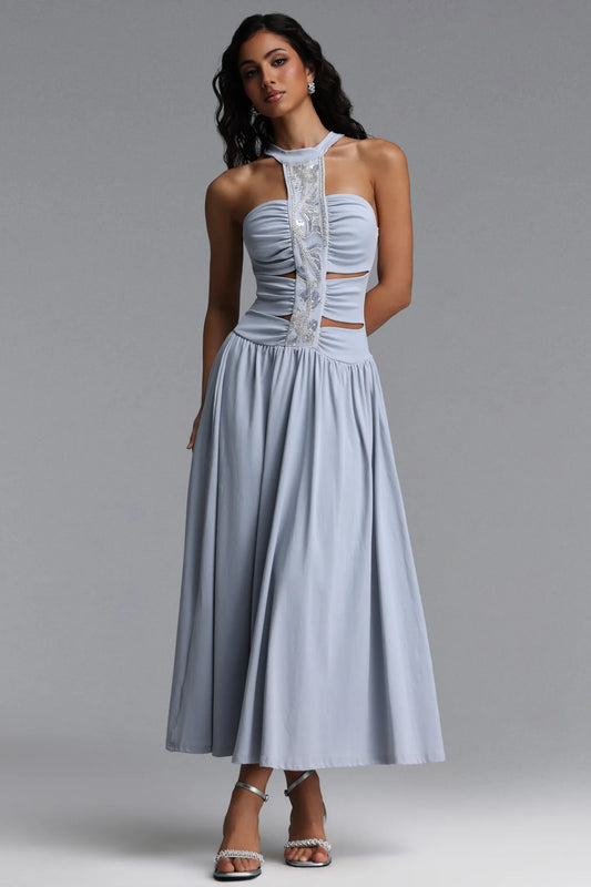 Ice Blue Crystal Embellished Halter Cutout Midi Dress