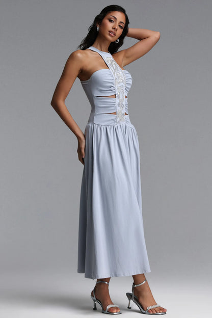 Ice Blue Crystal Embellished Halter Cutout Midi Dress