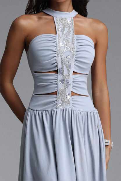 Ice Blue Crystal Embellished Halter Cutout Midi Dress