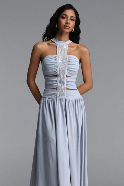 Ice Blue Crystal Embellished Halter Cutout Midi Dress