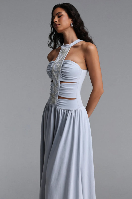 Ice Blue Crystal Embellished Halter Cutout Midi Dress