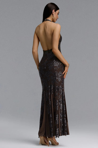 Chocolate Brown Sequin Floral Halter Evening Gown