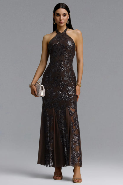 Chocolate Brown Sequin Floral Halter Evening Gown