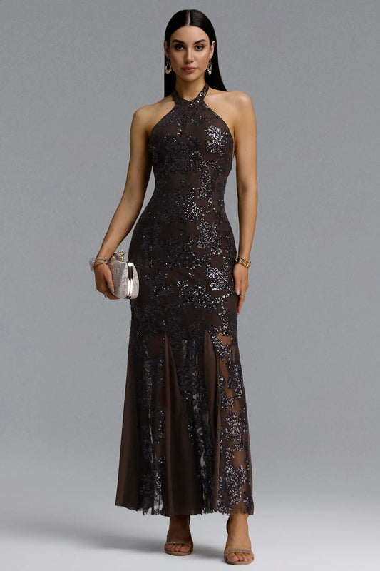 Chocolate Brown Sequin Floral Halter Evening Gown