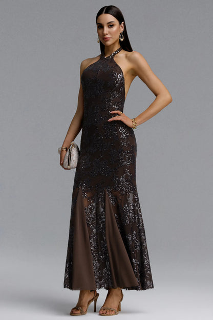 Chocolate Brown Sequin Floral Halter Evening Gown