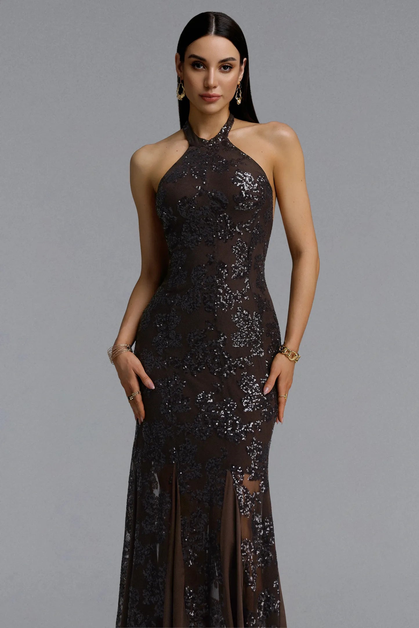 Chocolate Brown Sequin Floral Halter Evening Gown