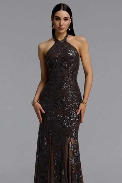 Chocolate Brown Sequin Floral Halter Evening Gown