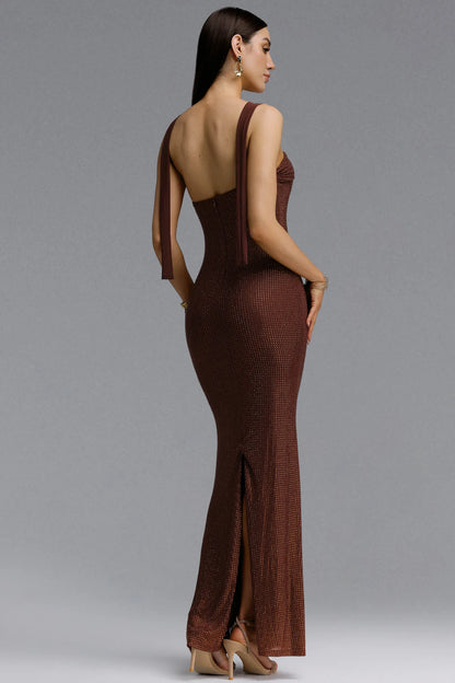 Chocolate Brown Shimmer Criss-Cross Halter Gown