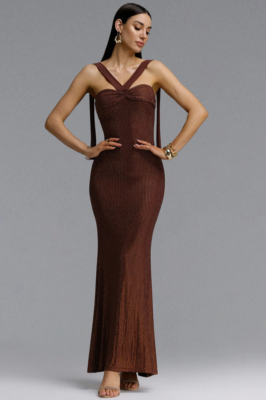 Chocolate Brown Shimmer Criss-Cross Halter Gown