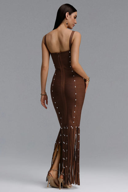 Chocolate Brown Crystal Embellished Fringe Bandage Dress