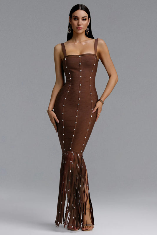 Chocolate Brown Crystal Embellished Fringe Bandage Dress