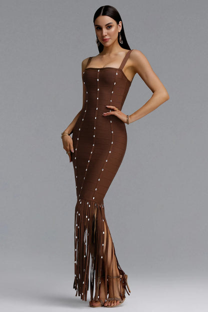 Chocolate Brown Crystal Embellished Fringe Bandage Dress
