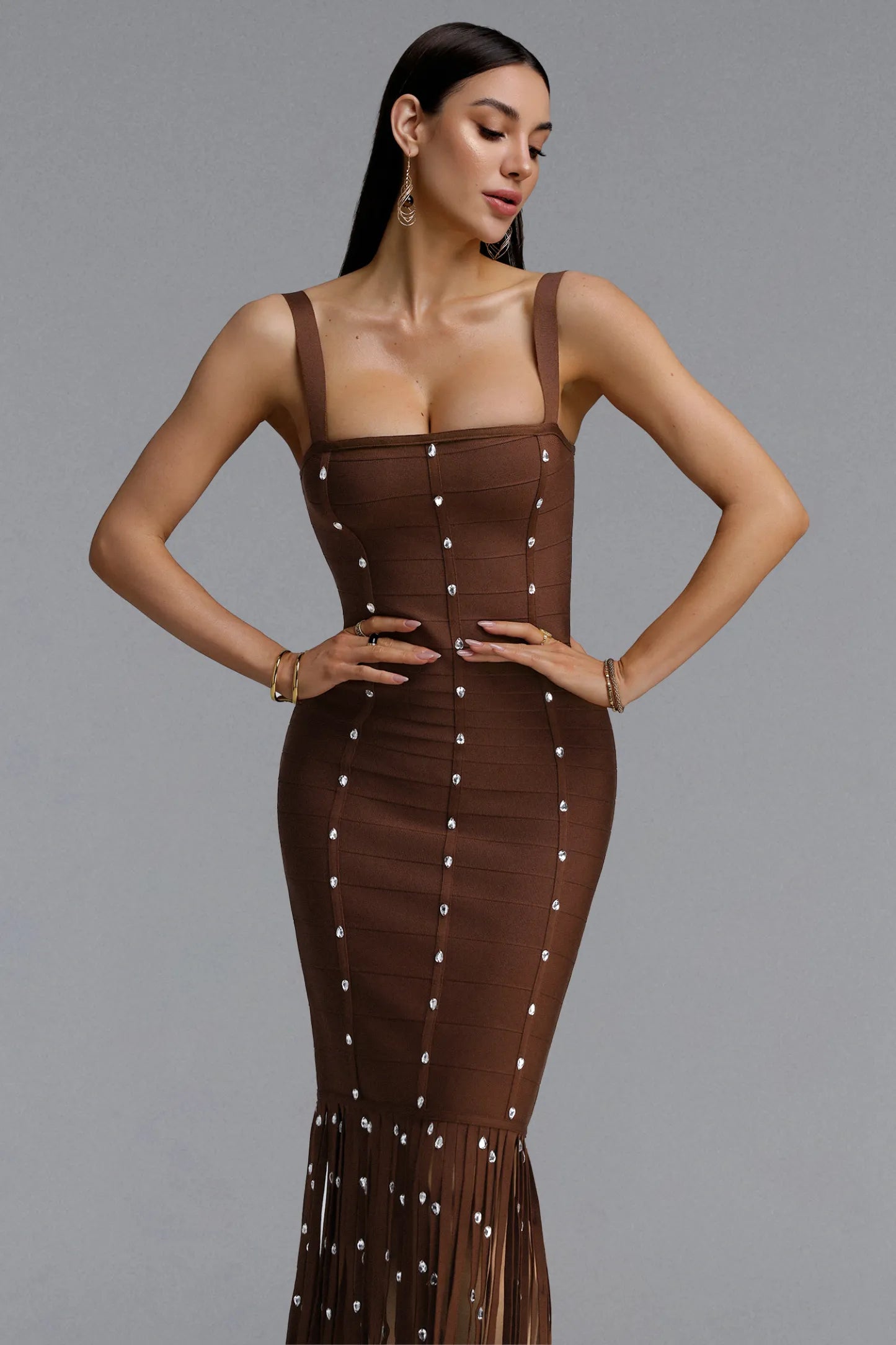 Chocolate Brown Crystal Embellished Fringe Bandage Dress