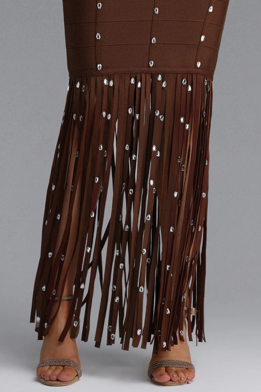 Chocolate Brown Crystal Embellished Fringe Bandage Dress