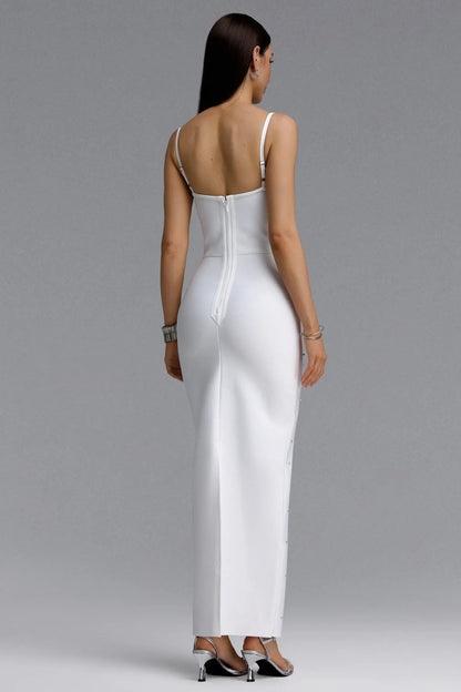 White Crystal Embellished Spaghetti Strap Column Gown