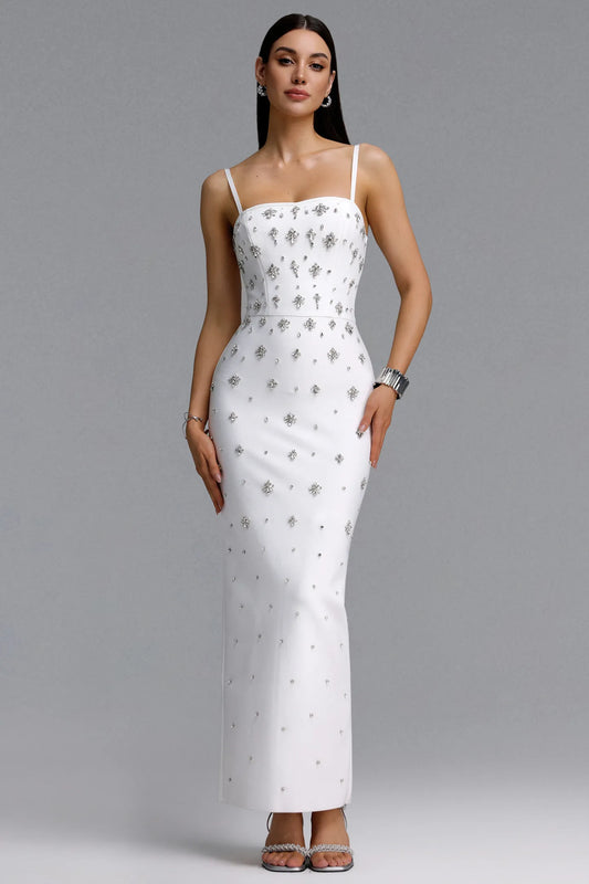 White Crystal Embellished Spaghetti Strap Column Gown